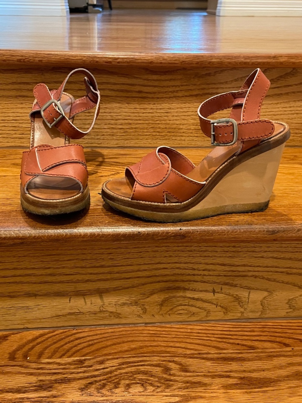 Chloé Vintage Cognac Leather Wooden Wedge Platform Sandals Size 38 (US 7.5/8) - Picture 6 of 7